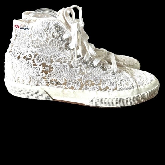 SUPERGA White Lace High Top Sneakers Gently Used Size 11 - Picture 2 of 11